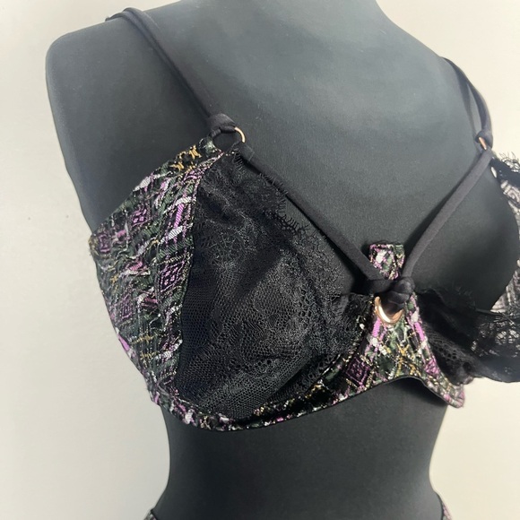 Savage X Fenty A Little Tart Unlined Bra purple black green plaid size 38H - Picture 3 of 6